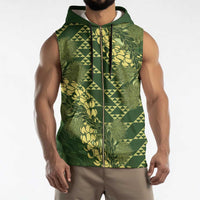 Green Aloha Hawaii Sleeveless Zip Hoodie Hawaiian Kakau Ohia Lehua Lei - Polynesian Pride