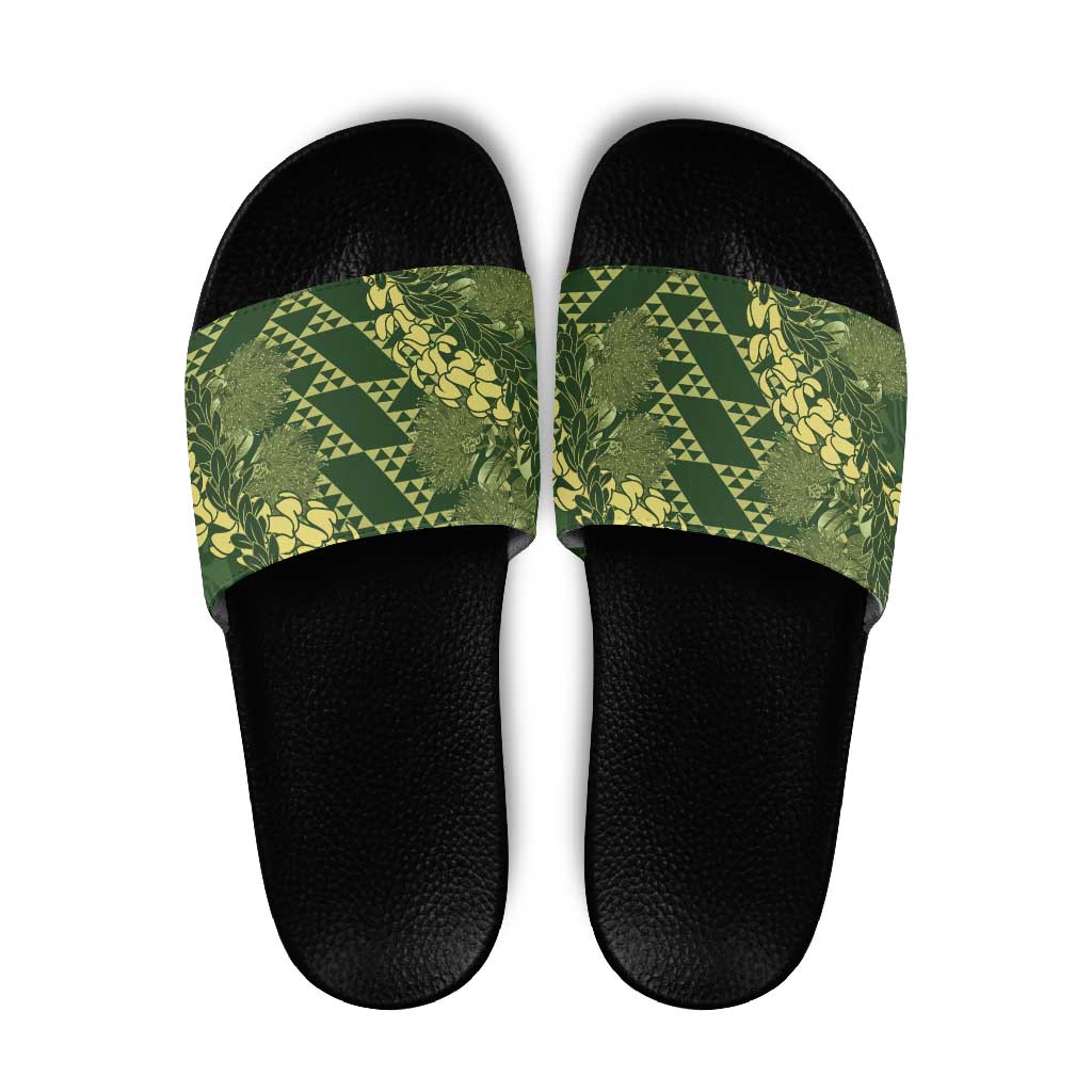 Green Aloha Hawaii Slide Sandals Hawaiian Kakau Ohia Lehua Lei - Polynesian Pride