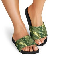 Green Aloha Hawaii Slide Sandals Hawaiian Kakau Ohia Lehua Lei - Polynesian Pride