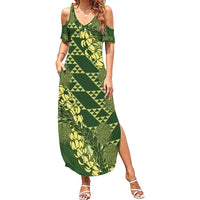 Green Aloha Hawaii Summer Maxi Dress Hawaiian Kakau Ohia Lehua Lei - Polynesian Pride