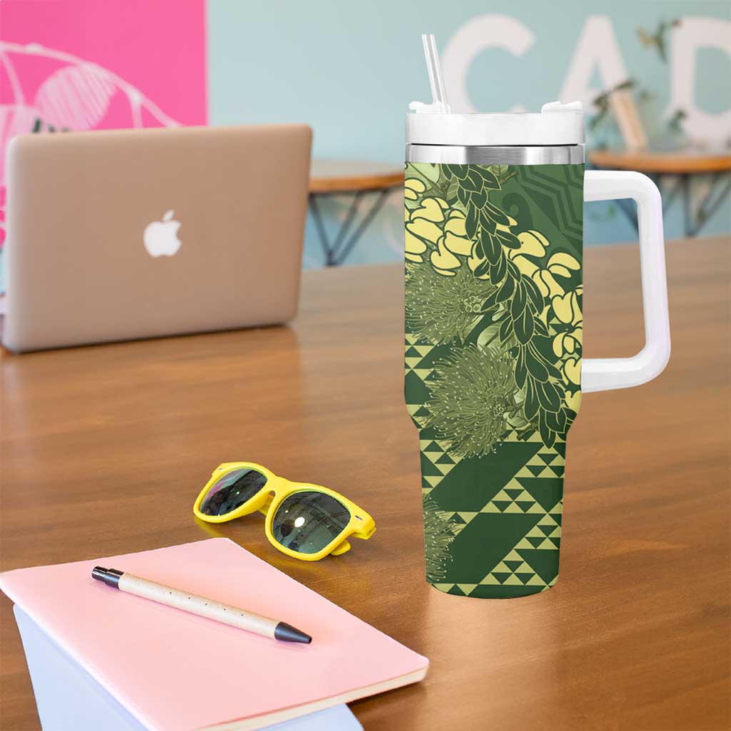 Green Aloha Hawaii Tumbler With Handle Hawaiian Kakau Ohia Lehua Lei - Polynesian Pride