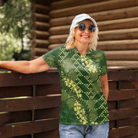 Green Aloha Hawaii Women Polo Shirt Hawaiian Kakau Ohia Lehua Lei - Polynesian Pride