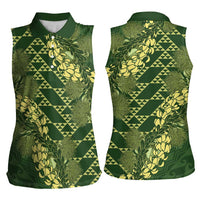 Green Aloha Hawaii Women Sleeveless Polo Shirt Hawaiian Kakau Ohia Lehua Lei - Polynesian Pride