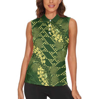 Green Aloha Hawaii Women Sleeveless Polo Shirt Hawaiian Kakau Ohia Lehua Lei - Polynesian Pride