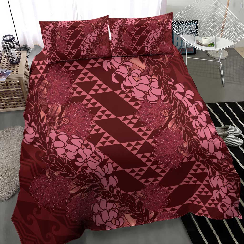 Maroon Aloha Hawaii Bedding Set Hawaiian Kakau Ohia Lehua Lei - Polynesian Pride
