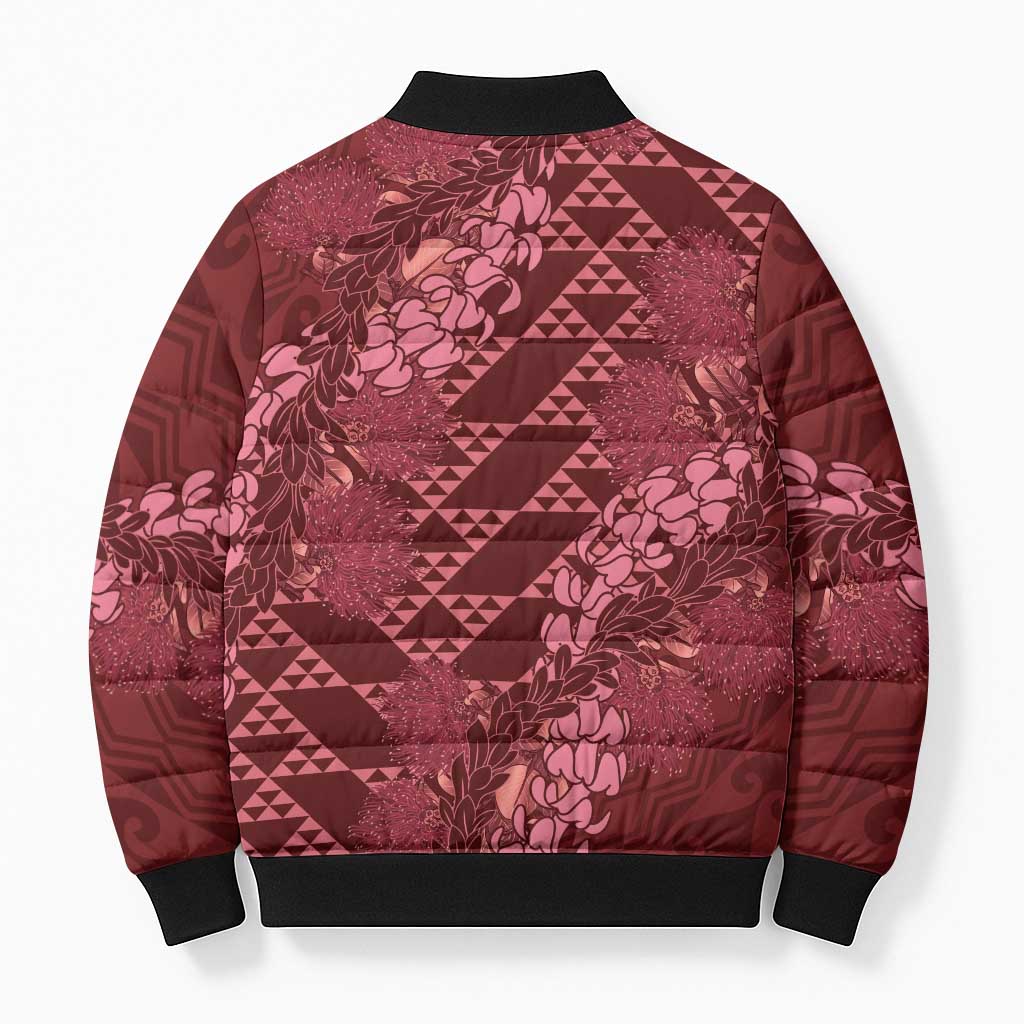Maroon Aloha Hawaii Bomber Puffer Jacket Hawaiian Kakau Ohia Lehua Lei - Polynesian Pride