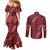 Maroon Aloha Hawaii Couples Matching Mermaid Dress and Long Sleeve Button Shirt Hawaiian Kakau Ohia Lehua Lei - Polynesian Pride