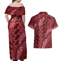 Maroon Aloha Hawaii Couples Matching Off Shoulder Maxi Dress and Hawaiian Shirt Hawaiian Kakau Ohia Lehua Lei - Polynesian Pride