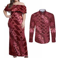Maroon Aloha Hawaii Couples Matching Off Shoulder Maxi Dress and Long Sleeve Button Shirt Hawaiian Kakau Ohia Lehua Lei - Polynesian Pride