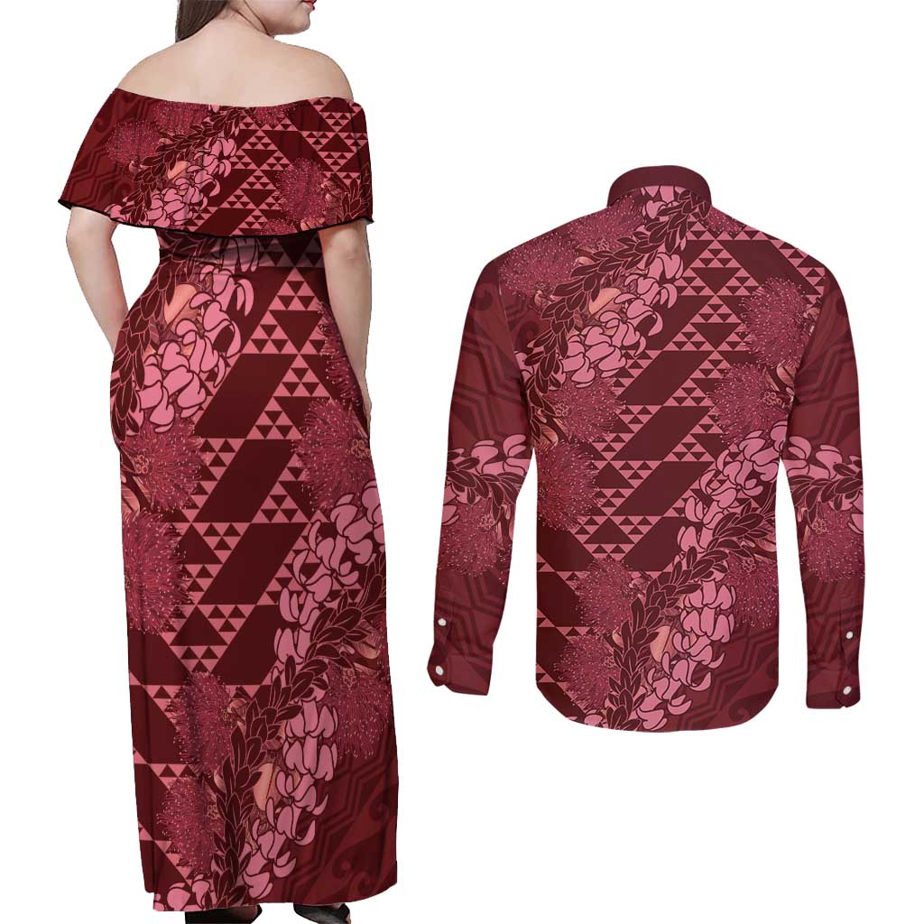 Maroon Aloha Hawaii Couples Matching Off Shoulder Maxi Dress and Long Sleeve Button Shirt Hawaiian Kakau Ohia Lehua Lei - Polynesian Pride