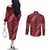 Maroon Aloha Hawaii Couples Matching Off The Shoulder Long Sleeve Dress and Long Sleeve Button Shirt Hawaiian Kakau Ohia Lehua Lei - Polynesian Pride
