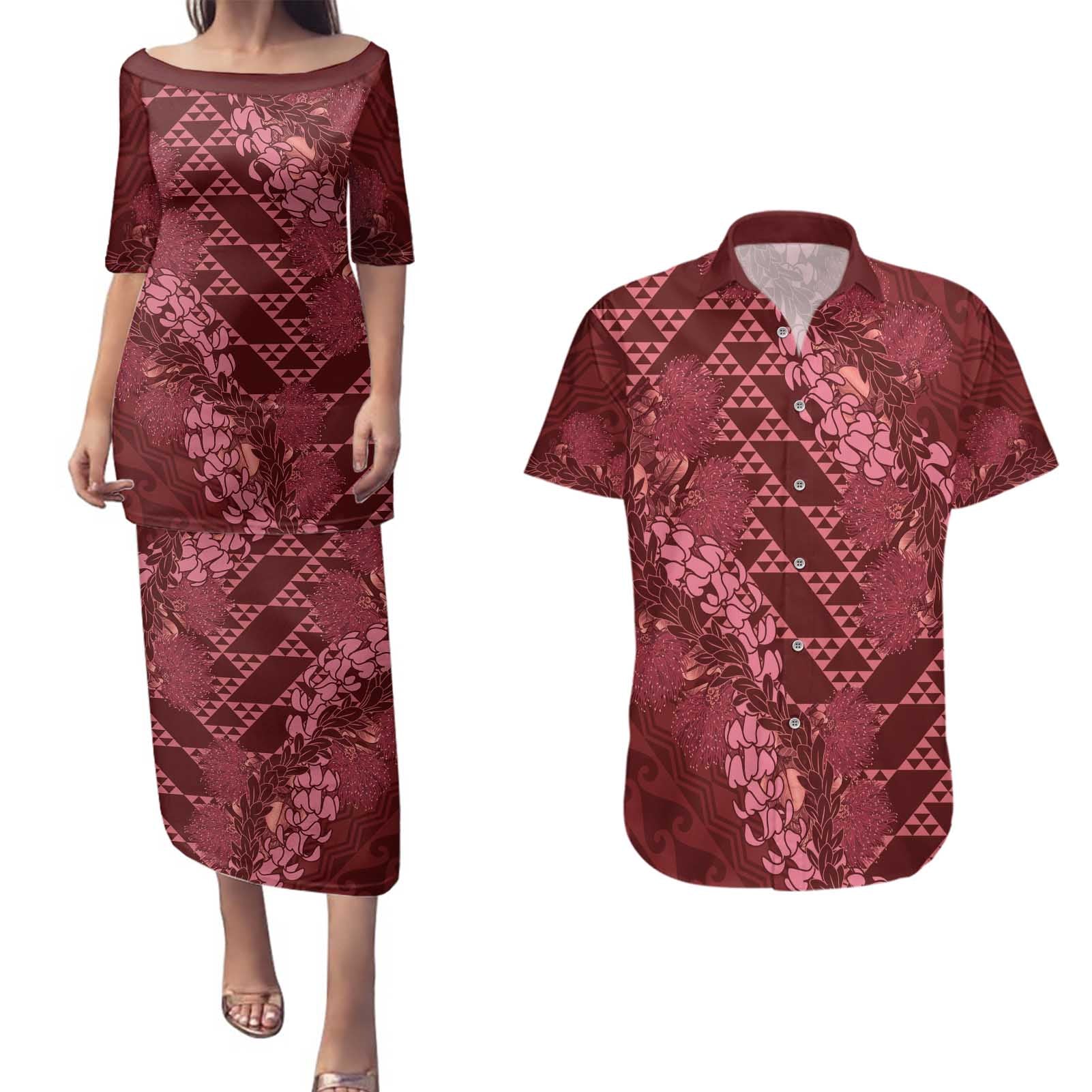 Maroon Aloha Hawaii Couples Matching Puletasi and Hawaiian Shirt Hawaiian Kakau Ohia Lehua Lei - Polynesian Pride
