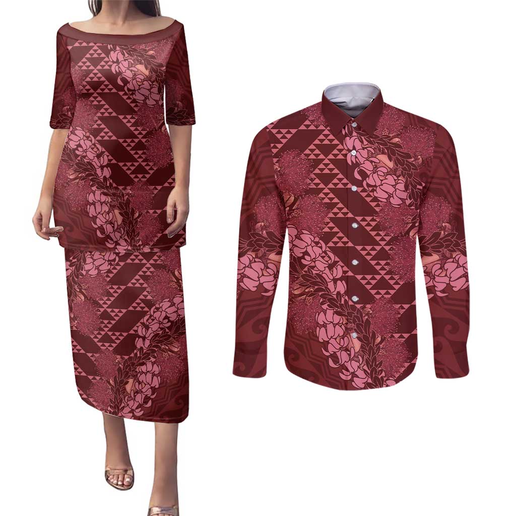Maroon Aloha Hawaii Couples Matching Puletasi and Long Sleeve Button Shirt Hawaiian Kakau Ohia Lehua Lei - Polynesian Pride