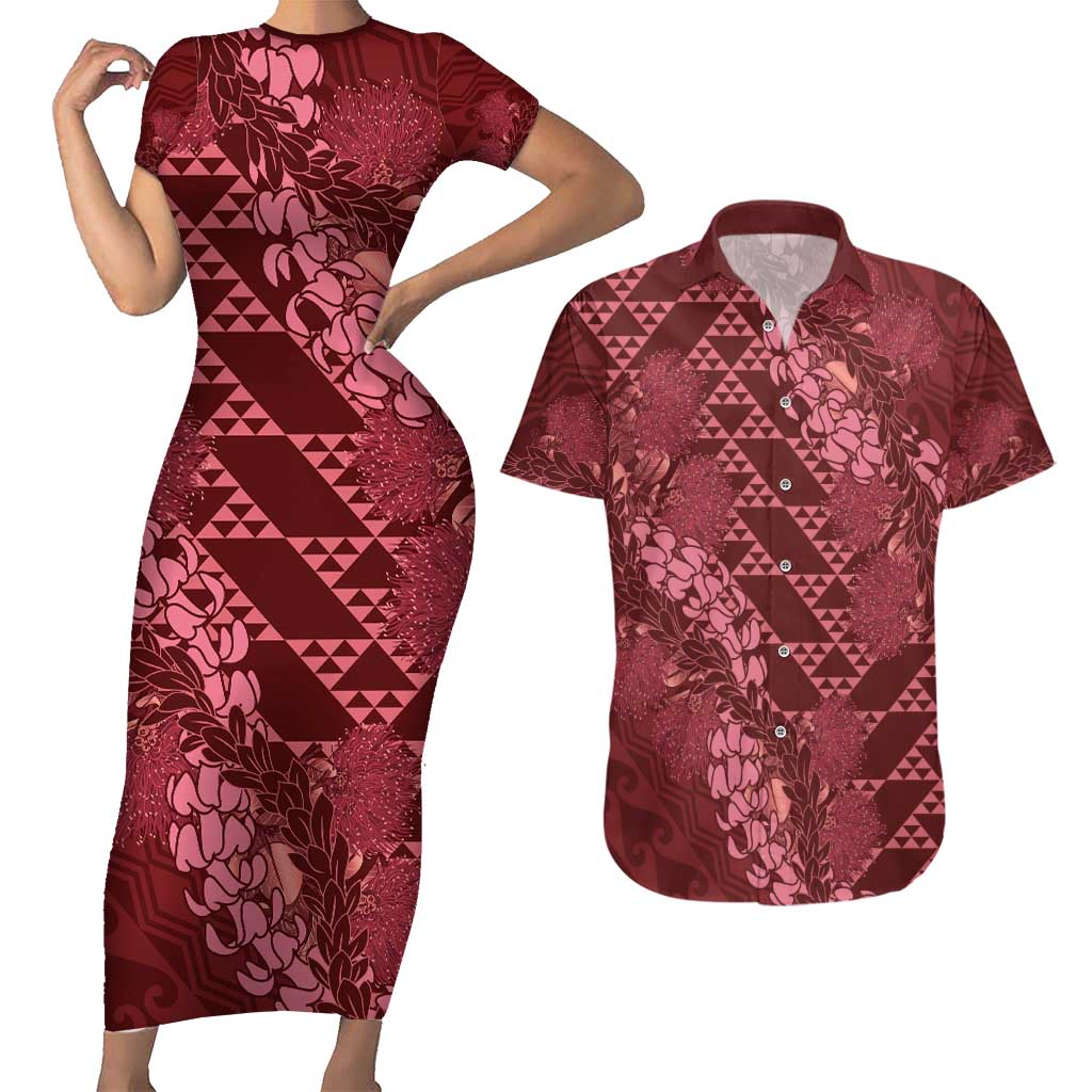 Maroon Aloha Hawaii Couples Matching Short Sleeve Bodycon Dress and Hawaiian Shirt Hawaiian Kakau Ohia Lehua Lei - Polynesian Pride