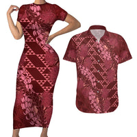 Maroon Aloha Hawaii Couples Matching Short Sleeve Bodycon Dress and Hawaiian Shirt Hawaiian Kakau Ohia Lehua Lei - Polynesian Pride