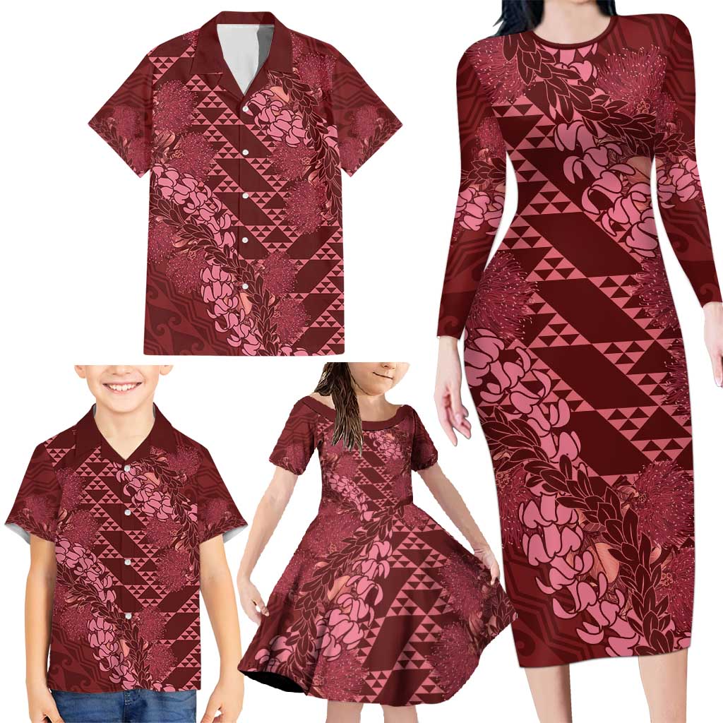 Maroon Aloha Hawaii Family Matching Long Sleeve Bodycon Dress and Hawaiian Shirt Hawaiian Kakau Ohia Lehua Lei - Polynesian Pride