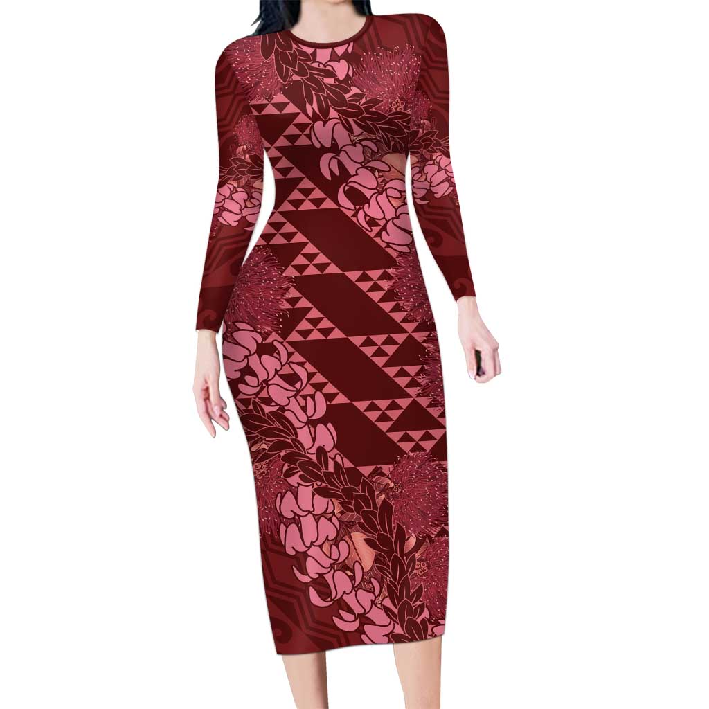 Maroon Aloha Hawaii Family Matching Long Sleeve Bodycon Dress and Hawaiian Shirt Hawaiian Kakau Ohia Lehua Lei - Polynesian Pride