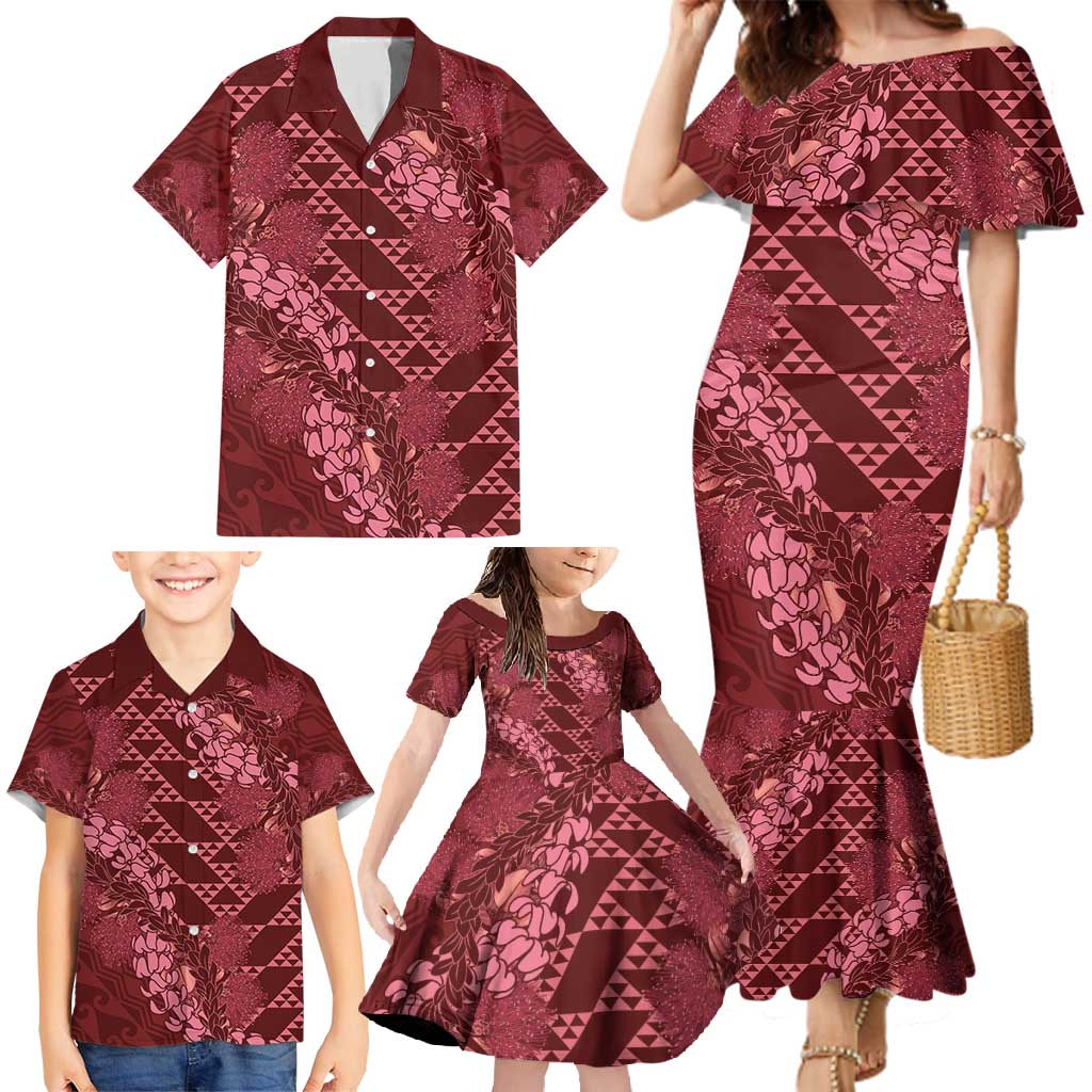 Maroon Aloha Hawaii Family Matching Mermaid Dress and Hawaiian Shirt Hawaiian Kakau Ohia Lehua Lei - Polynesian Pride