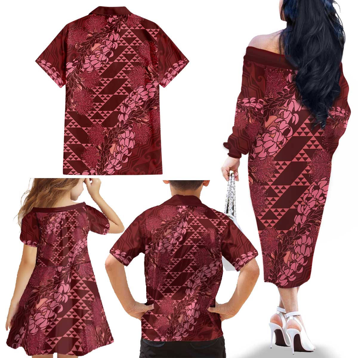 Maroon Aloha Hawaii Family Matching Off The Shoulder Long Sleeve Dress and Hawaiian Shirt Hawaiian Kakau Ohia Lehua Lei - Polynesian Pride