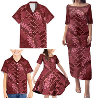 Maroon Aloha Hawaii Family Matching Puletasi and Hawaiian Shirt Hawaiian Kakau Ohia Lehua Lei - Polynesian Pride