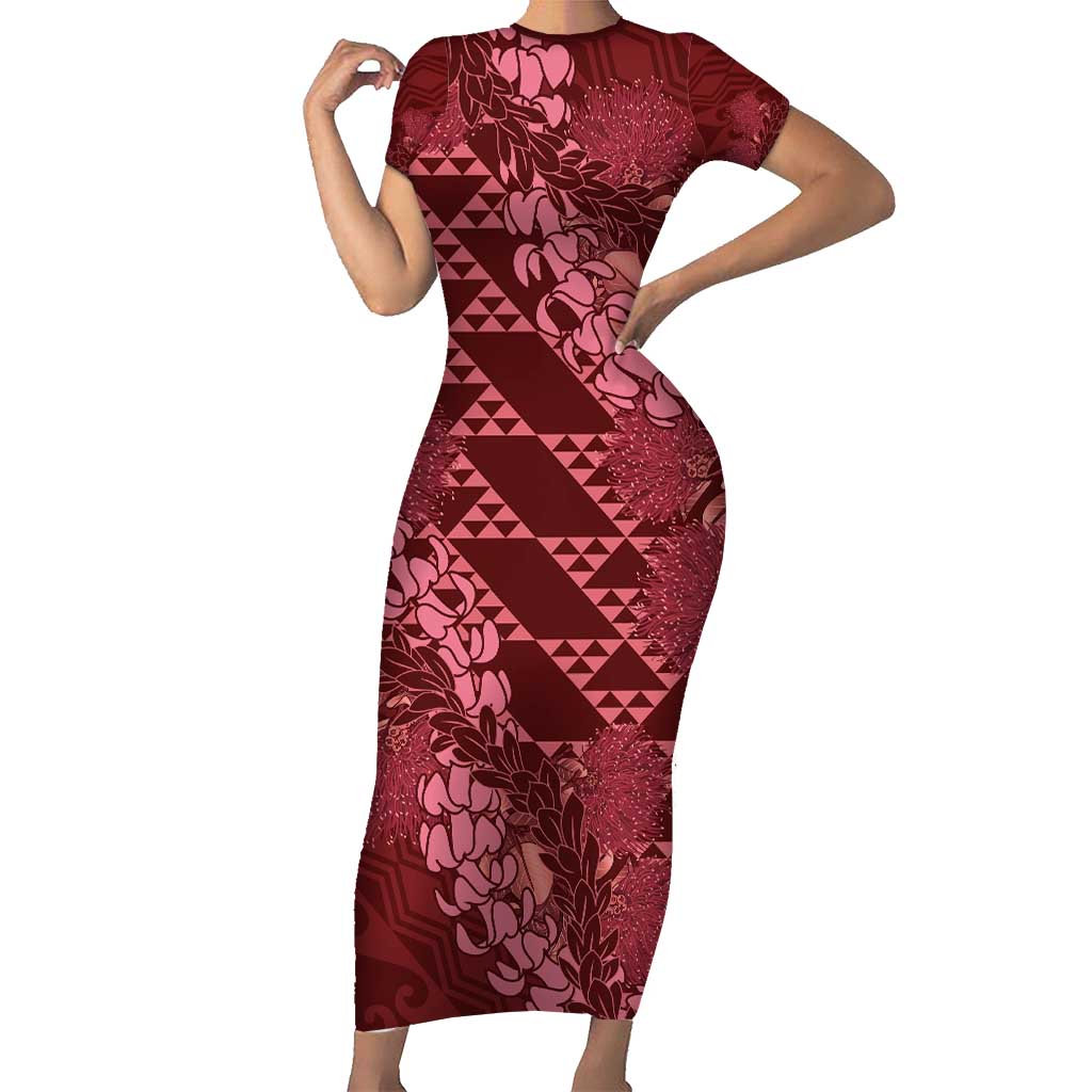 Maroon Aloha Hawaii Family Matching Short Sleeve Bodycon Dress and Hawaiian Shirt Hawaiian Kakau Ohia Lehua Lei - Polynesian Pride
