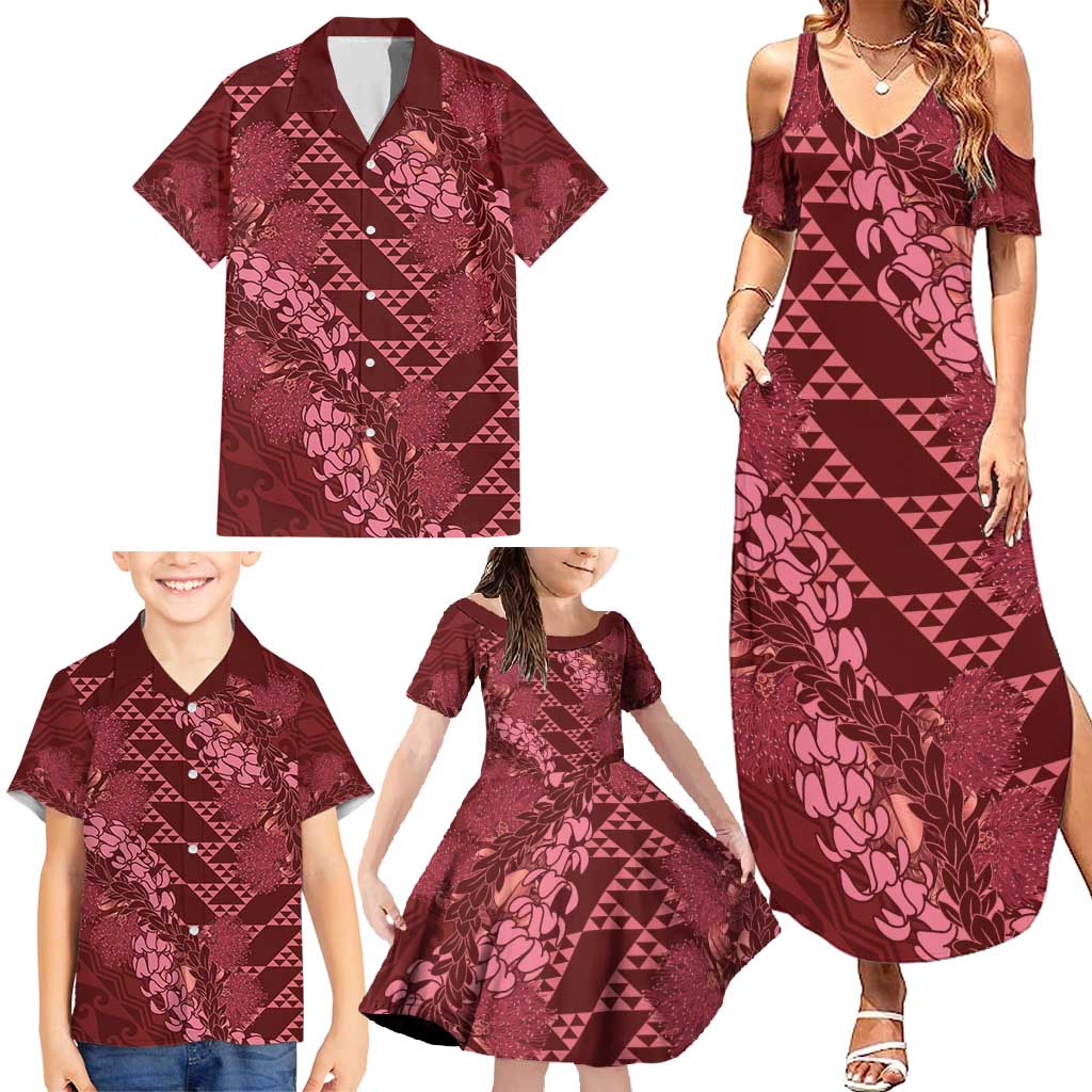 Maroon Aloha Hawaii Family Matching Summer Maxi Dress and Hawaiian Shirt Hawaiian Kakau Ohia Lehua Lei - Polynesian Pride