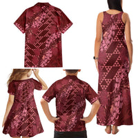 Maroon Aloha Hawaii Family Matching Tank Maxi Dress and Hawaiian Shirt Hawaiian Kakau Ohia Lehua Lei - Polynesian Pride