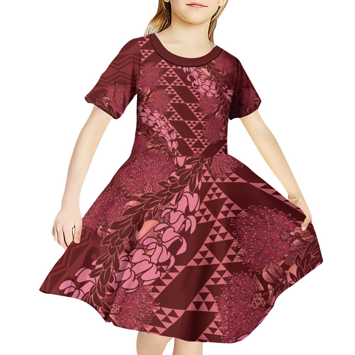 Maroon Aloha Hawaii Kid Short Sleeve Dress Hawaiian Kakau Ohia Lehua Lei - Polynesian Pride
