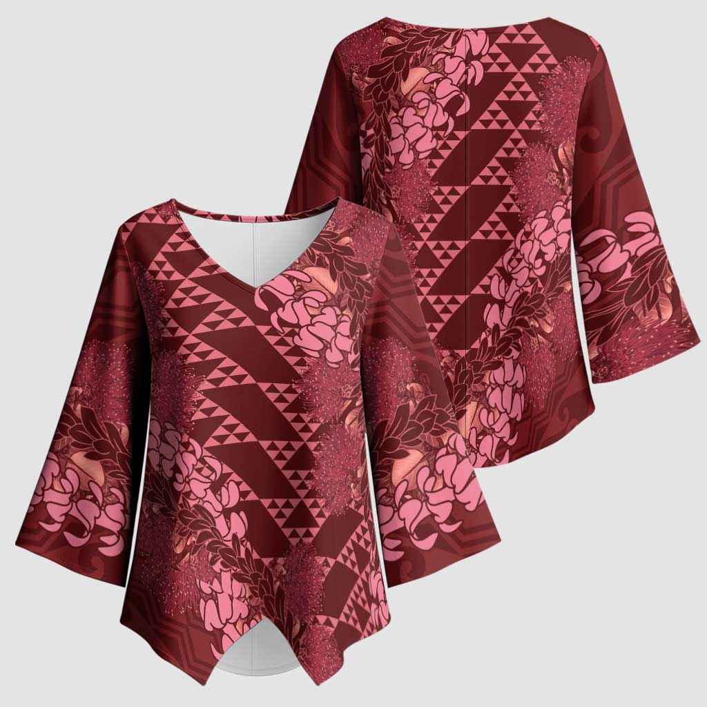 Maroon Aloha Hawaii Kimono Sleeve Blouse Hawaiian Kakau Ohia Lehua Lei - Polynesian Pride
