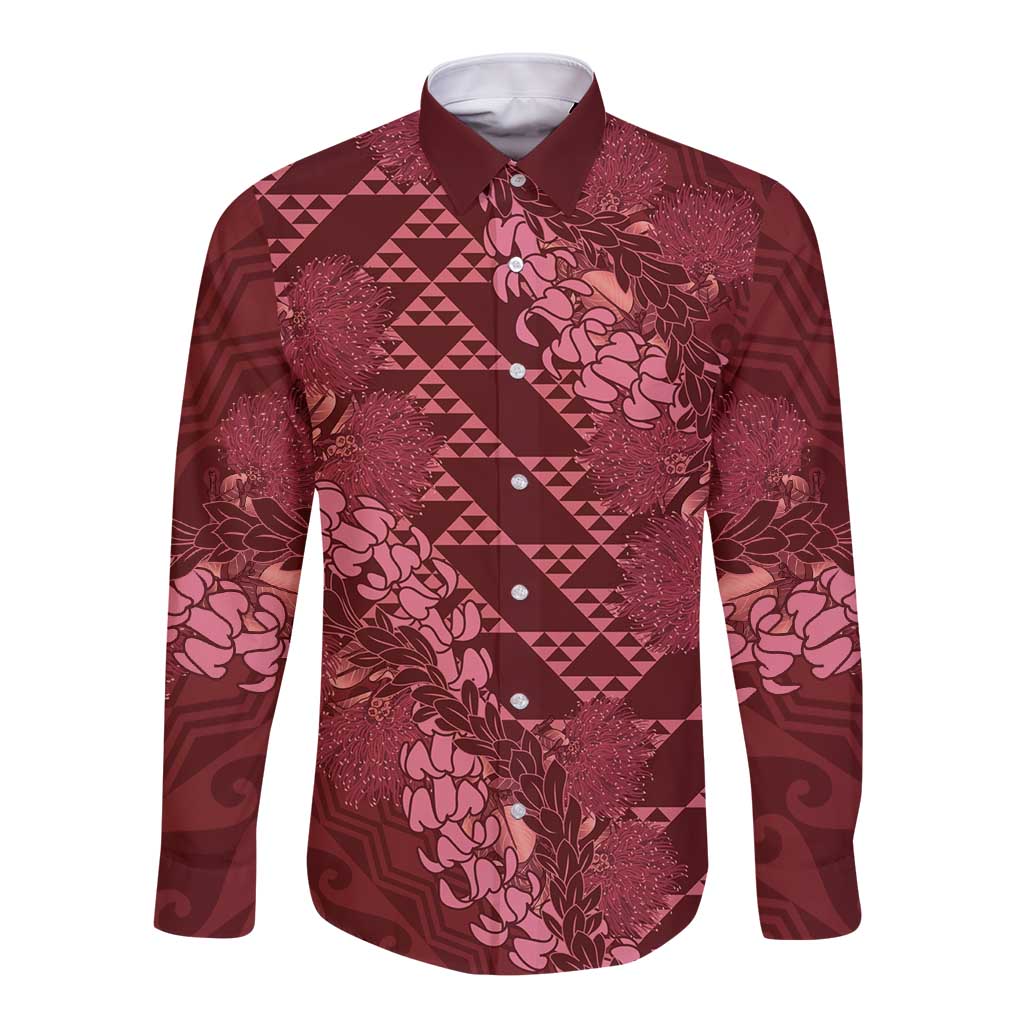 Maroon Aloha Hawaii Long Sleeve Button Shirt Hawaiian Kakau Ohia Lehua Lei - Polynesian Pride
