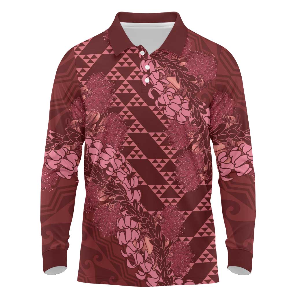 Maroon Aloha Hawaii Long Sleeve Polo Shirt Hawaiian Kakau Ohia Lehua Lei - Polynesian Pride
