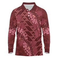 Maroon Aloha Hawaii Long Sleeve Polo Shirt Hawaiian Kakau Ohia Lehua Lei - Polynesian Pride