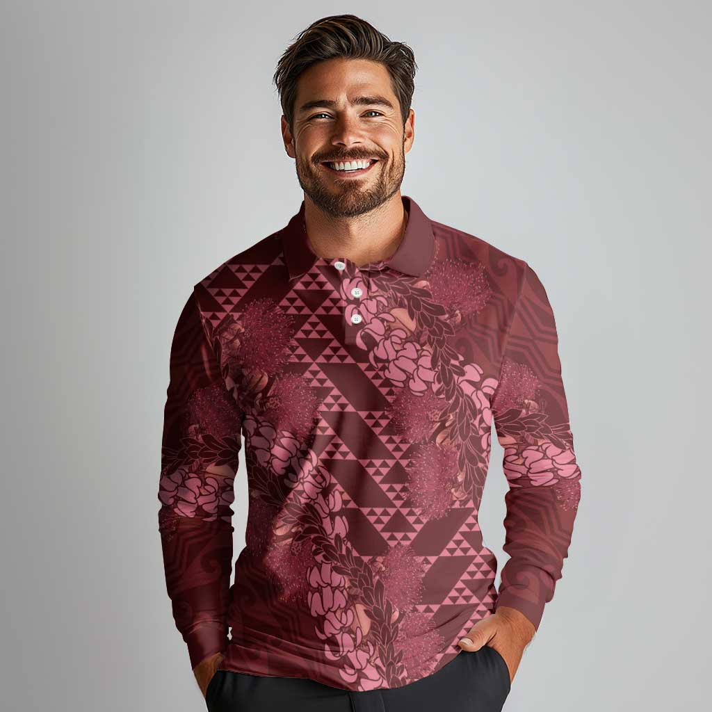 Maroon Aloha Hawaii Long Sleeve Polo Shirt Hawaiian Kakau Ohia Lehua Lei - Polynesian Pride
