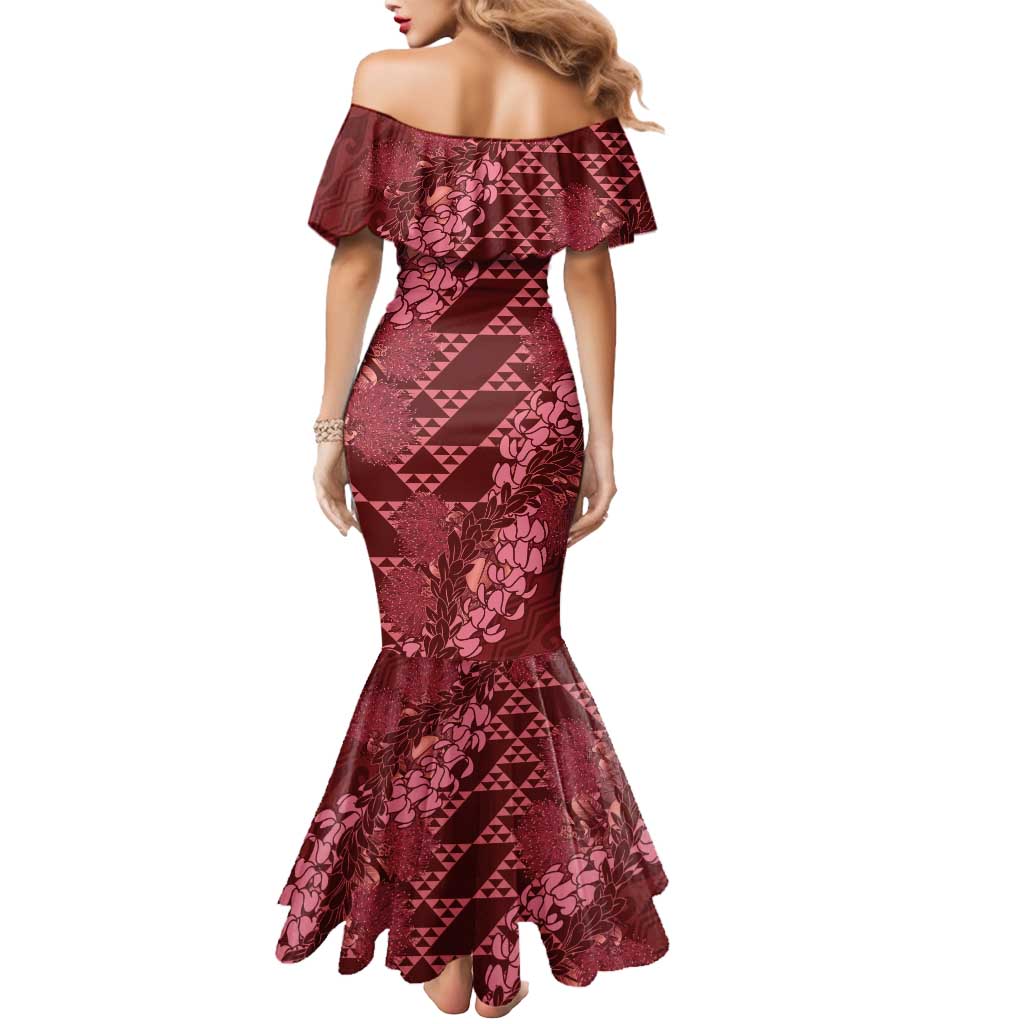 Maroon Aloha Hawaii Mermaid Dress Hawaiian Kakau Ohia Lehua Lei - Polynesian Pride