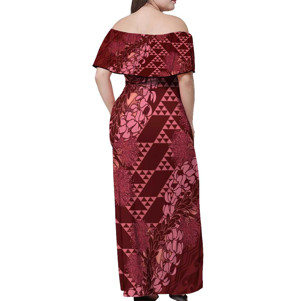 Maroon Aloha Hawaii Off Shoulder Maxi Dress Hawaiian Kakau Ohia Lehua Lei - Polynesian Pride