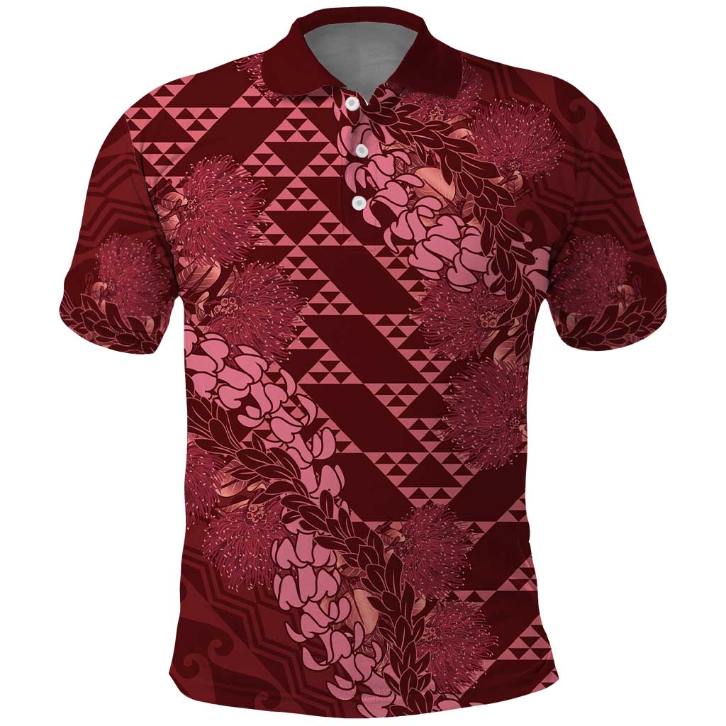 Maroon Aloha Hawaii Polo Shirt Hawaiian Kakau Ohia Lehua Lei - Polynesian Pride