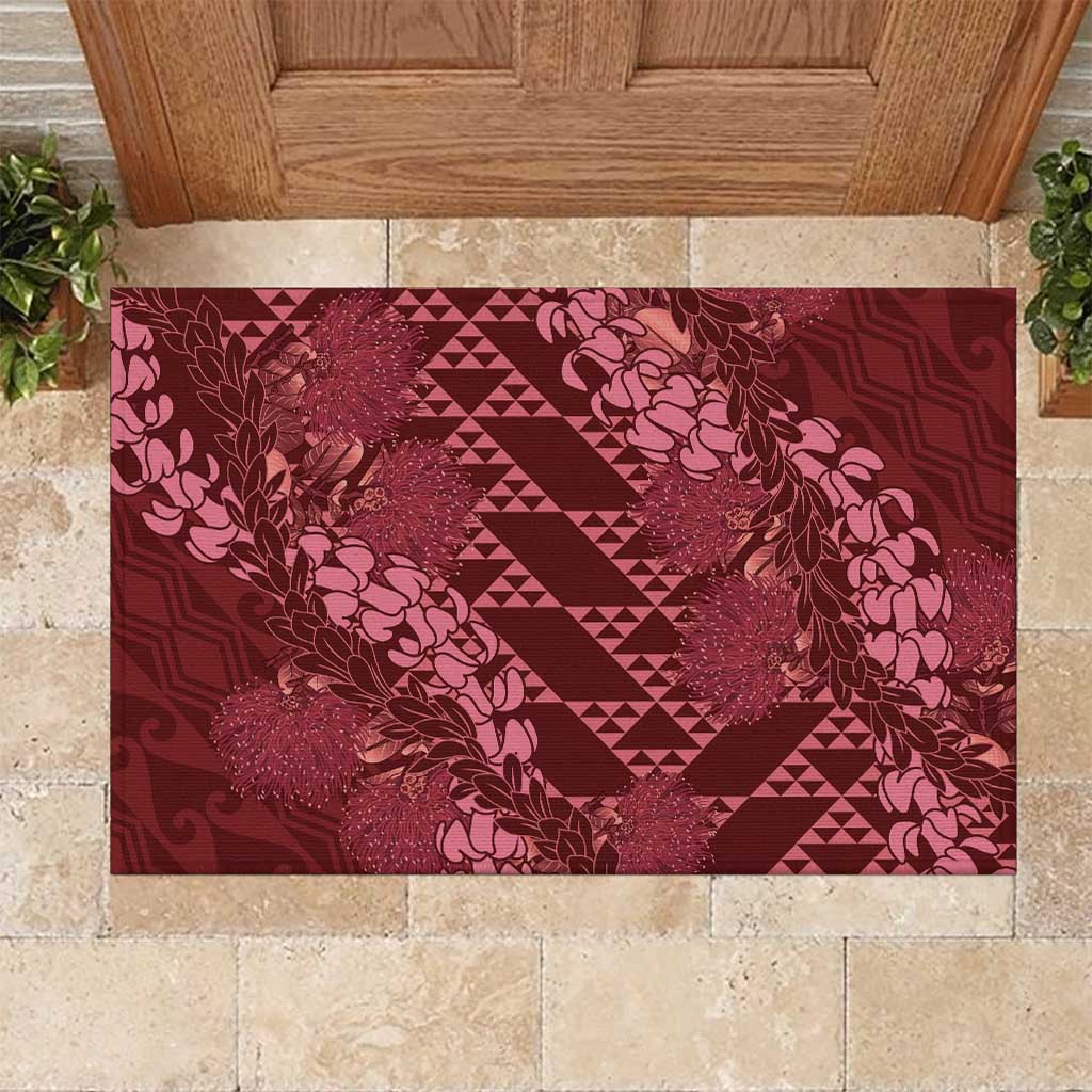 Maroon Aloha Hawaii Rubber Doormat Hawaiian Kakau Ohia Lehua Lei - Polynesian Pride