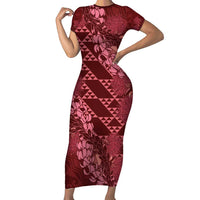 Maroon Aloha Hawaii Short Sleeve Bodycon Dress Hawaiian Kakau Ohia Lehua Lei - Polynesian Pride