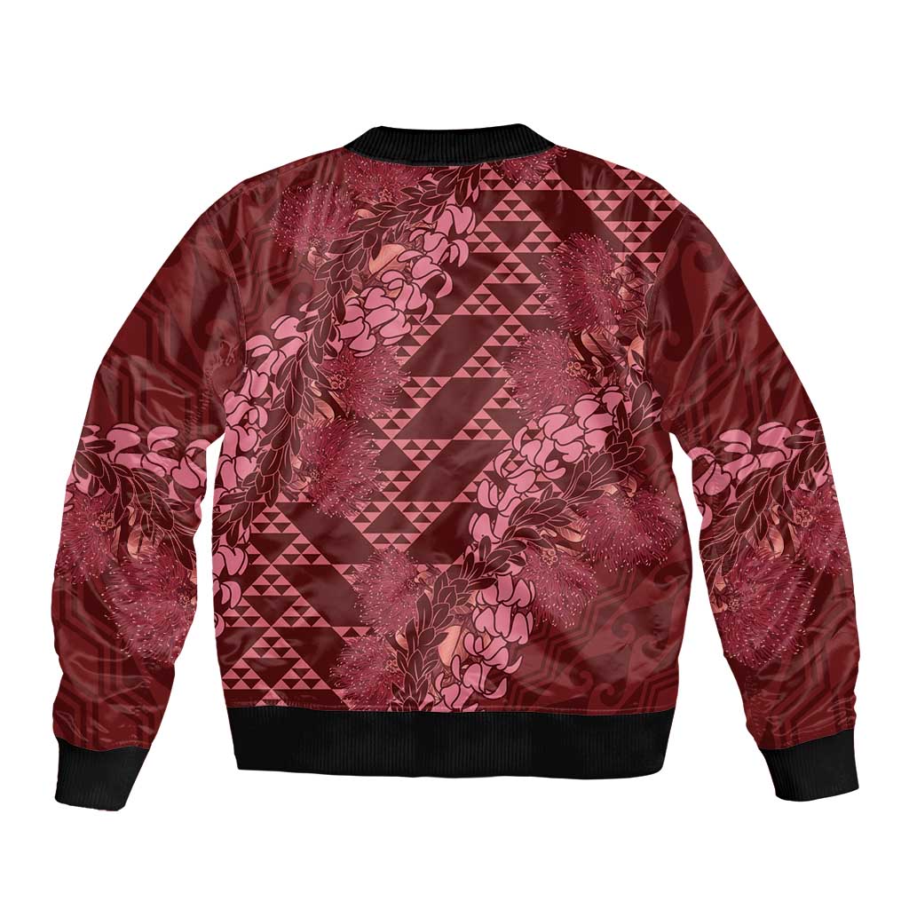 Maroon Aloha Hawaii Sleeve Zip Bomber Jacket Hawaiian Kakau Ohia Lehua Lei - Polynesian Pride