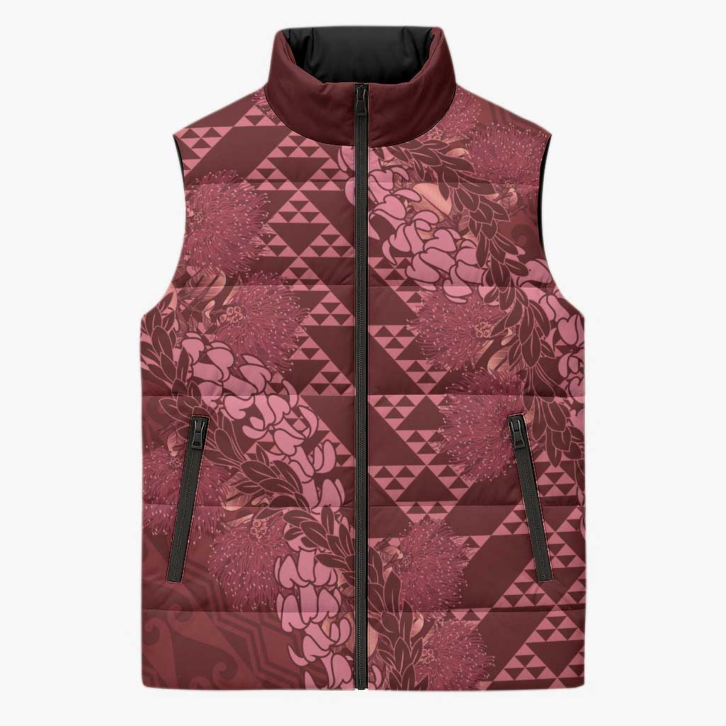 Maroon Aloha Hawaii Sleeveless Puffer Jacket Hawaiian Kakau Ohia Lehua Lei - Polynesian Pride