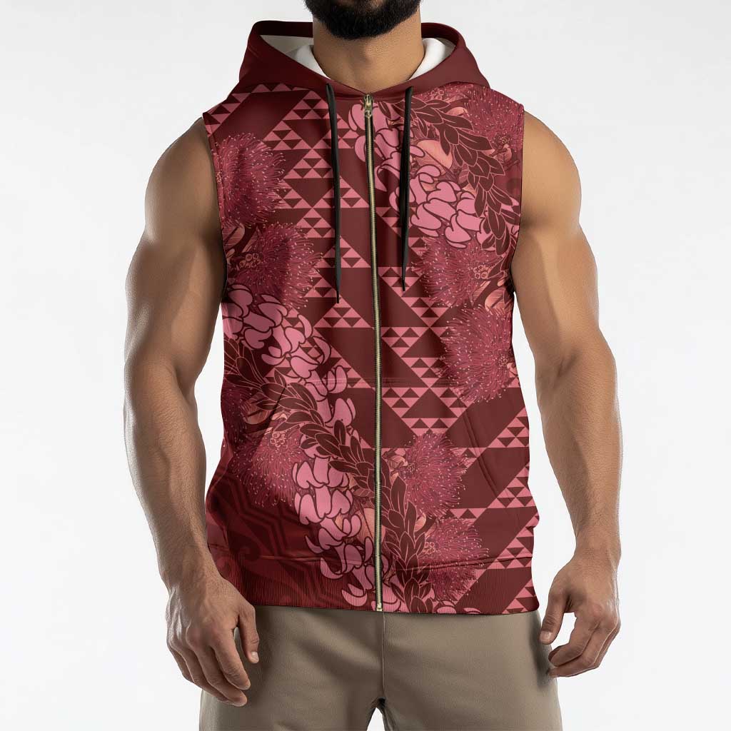 Maroon Aloha Hawaii Sleeveless Zip Hoodie Hawaiian Kakau Ohia Lehua Lei - Polynesian Pride