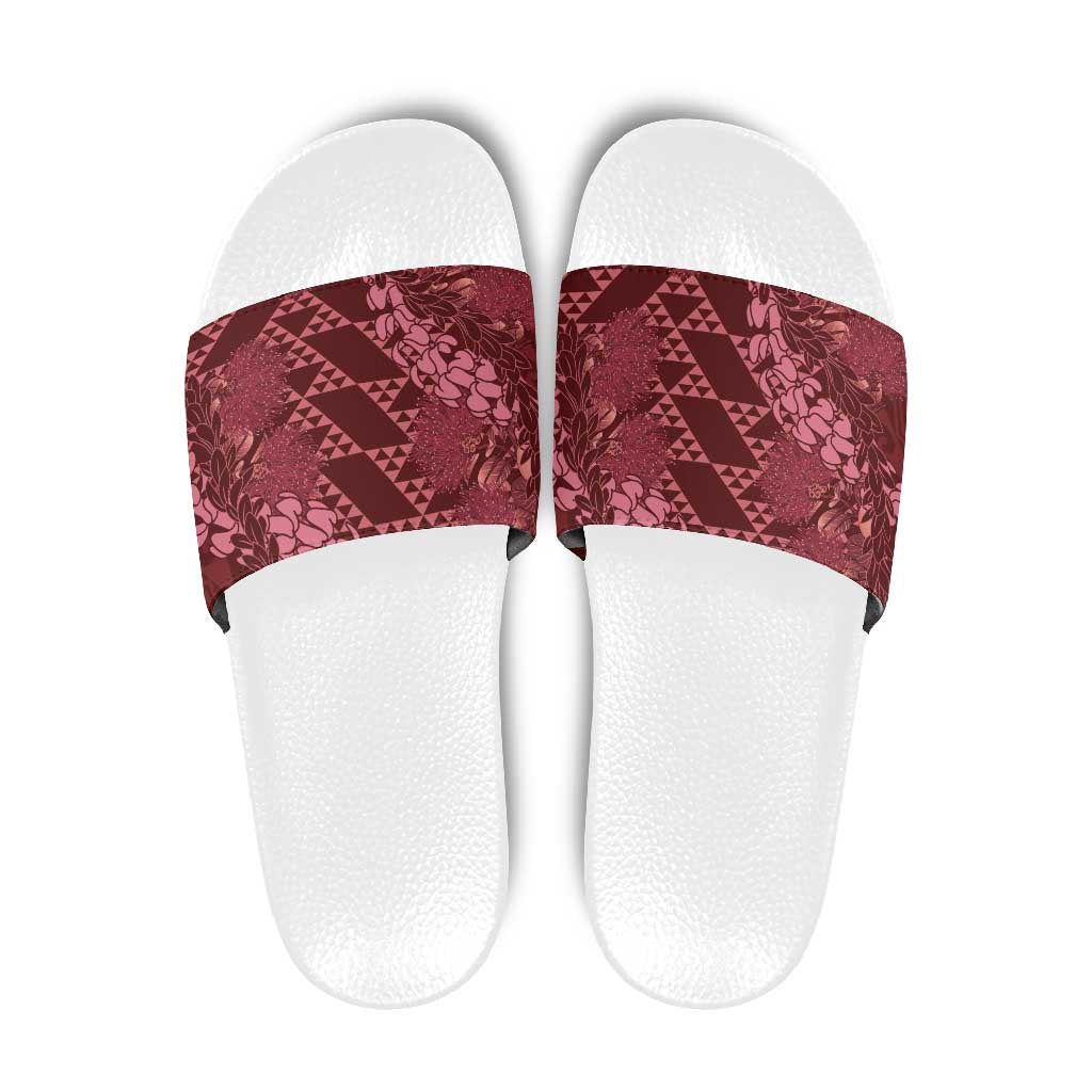 Maroon Aloha Hawaii Slide Sandals Hawaiian Kakau Ohia Lehua Lei - Polynesian Pride