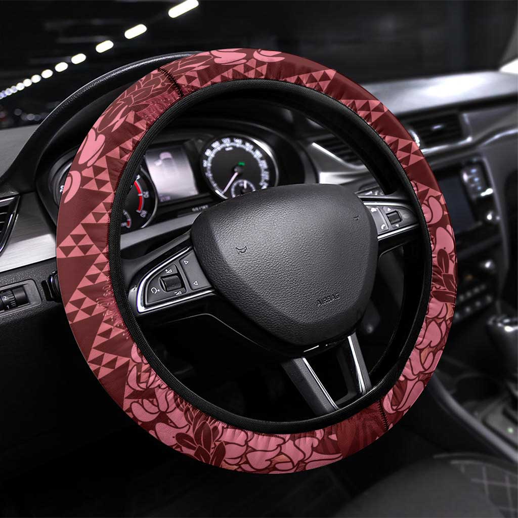 Maroon Aloha Hawaii Steering Wheel Cover Hawaiian Kakau Ohia Lehua Lei - Polynesian Pride