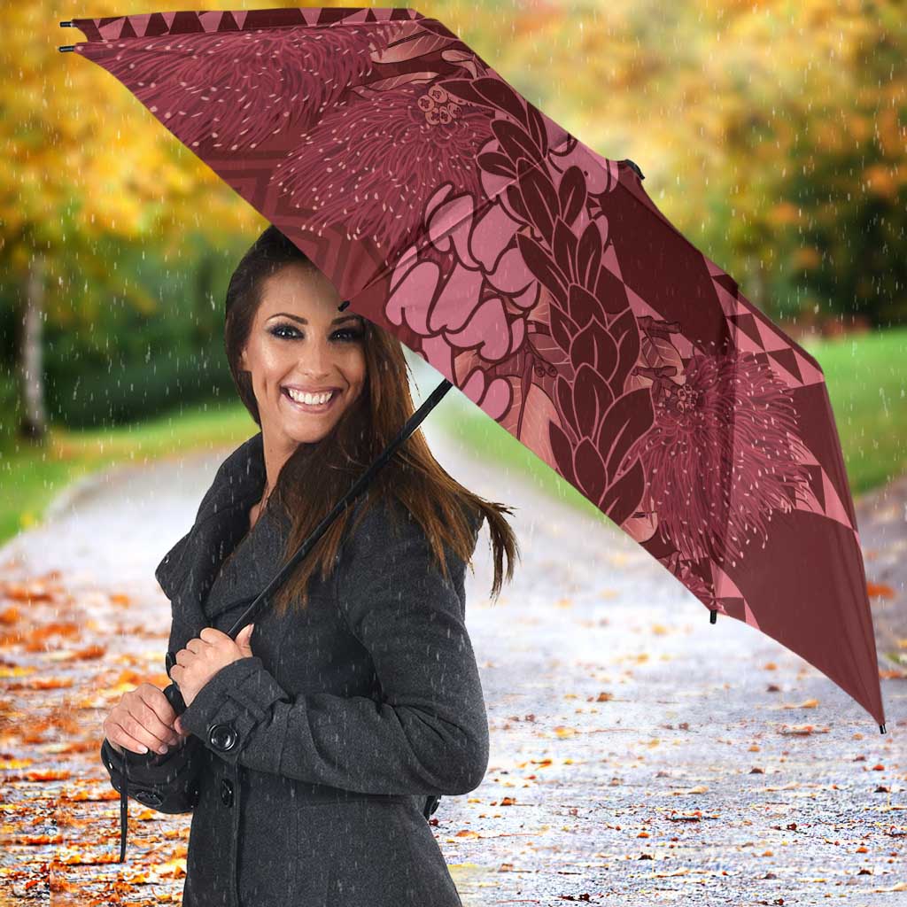 Maroon Aloha Hawaii Umbrella Hawaiian Kakau Ohia Lehua Lei - Polynesian Pride
