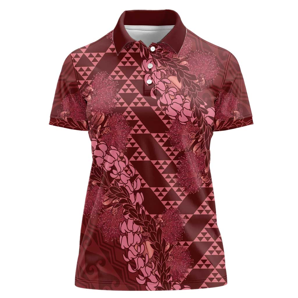 Maroon Aloha Hawaii Women Polo Shirt Hawaiian Kakau Ohia Lehua Lei - Polynesian Pride