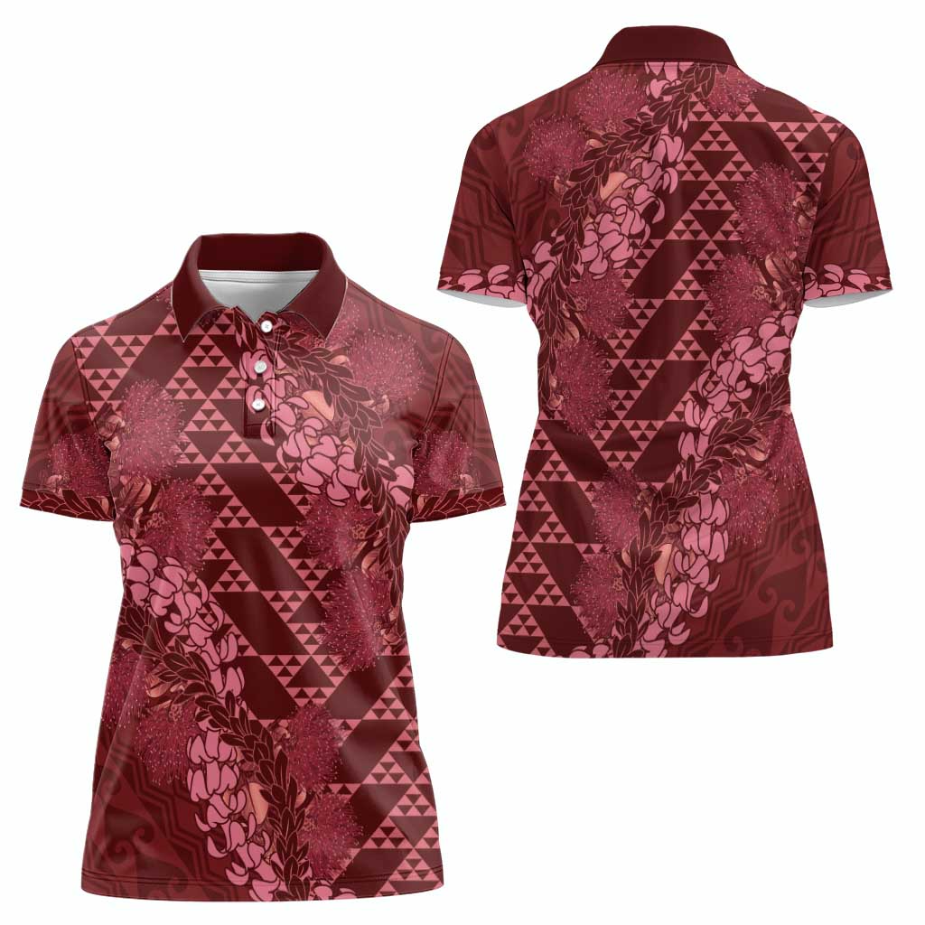 Maroon Aloha Hawaii Women Polo Shirt Hawaiian Kakau Ohia Lehua Lei - Polynesian Pride