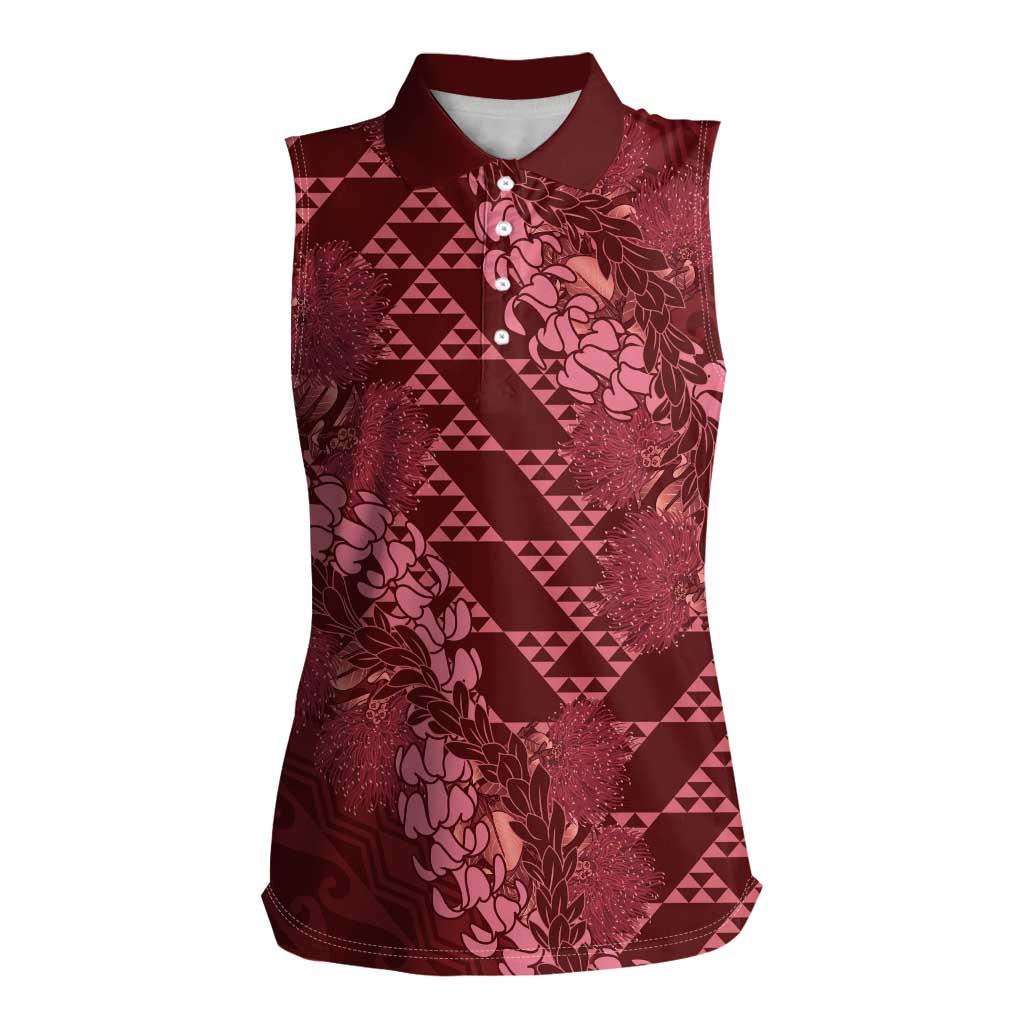 Maroon Aloha Hawaii Women Sleeveless Polo Shirt Hawaiian Kakau Ohia Lehua Lei - Polynesian Pride