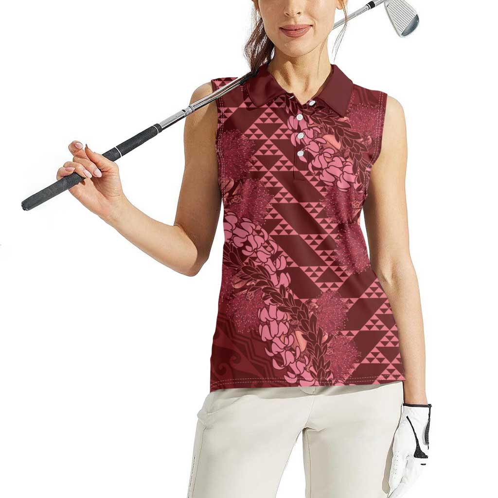 Maroon Aloha Hawaii Women Sleeveless Polo Shirt Hawaiian Kakau Ohia Lehua Lei - Polynesian Pride