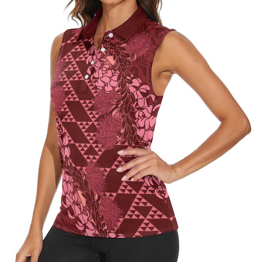 Maroon Aloha Hawaii Women Sleeveless Polo Shirt Hawaiian Kakau Ohia Lehua Lei - Polynesian Pride