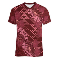 Maroon Aloha Hawaii Women V-Neck T-Shirt Hawaiian Kakau Ohia Lehua Lei - Polynesian Pride